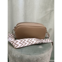 Beež kompaktne crossbody‑käekott mustrilise rihmaga